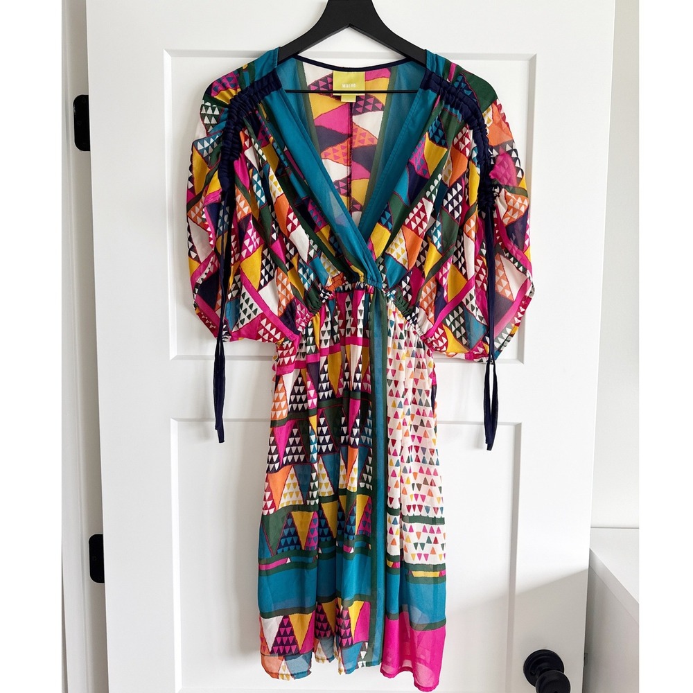Maeve Anthropologie Geometric Triangle‎ Print V-Neck Kimono Sleeve Mini Dress 6